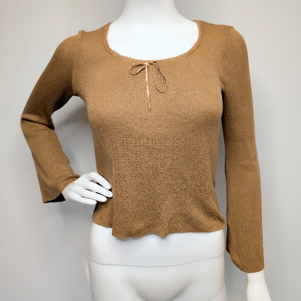 Y2K Boho Witchy Warm Light Brown Bell Sleeve Lacy Semi Cropped Knit Babydoll Top